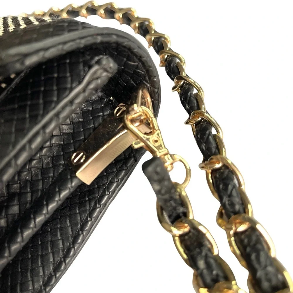 Urban Expressions Woven Vegan Black Leather and Straw Crossbody Wristlet Clutch